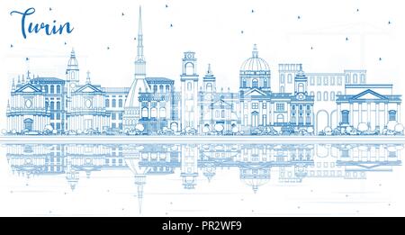 Outline Turin Italy City Skyline with Blue Buildings and Reflections. Vector Illustration. Business Travel and Tourism Concept Stock Vector
