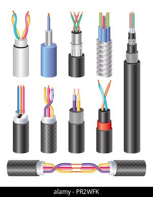 Set Realistic Electric Industrial Fiber Optic Cable and Copper Wire Isolated on White Background. Vector Illustration. Stock Vector