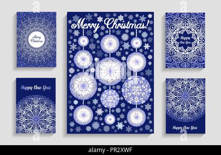 Christmas Cards with Mandala Snowflakes on Blue Background Stock Vector