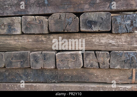 old  railway sleeper wood  - wooden sleepers - Stock Photo