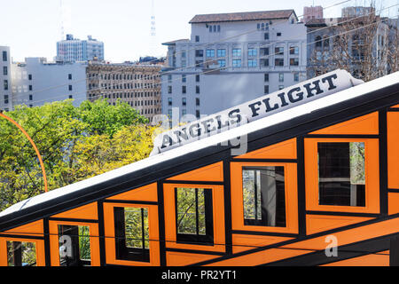 Los Angeles, California - February 24 2018: Detail of Angels flight railroad train with cityscape, Los Angeles, California Stock Photo