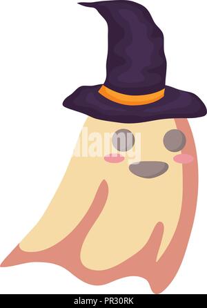 Download cute cartoon ghost with witch hat vector illustration ...