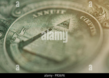 Great seal pyramid with eye on dollar banknote close up view Stock Photo