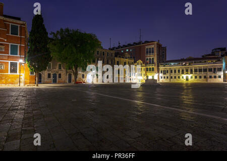 Campo San Polo is the largest campo in Venice, Italy, the second largest Venetian city square after St. Mark's Square. Night view Stock Photo