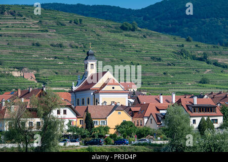 Picturesque town on banks of Danube River in the Wachau Valley, Austria Stock Photo