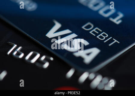 New york, USA - september 27, 2018: Visa debit card close up on blurred  background