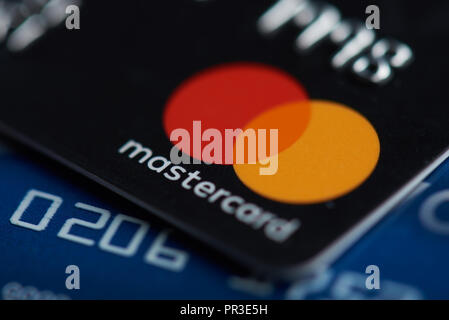 New york, USA - september 27, 2018: Mastercard plastic electronic card macro close up view Stock Photo