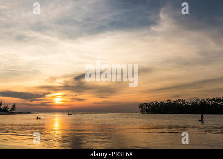 People fishing cockling off coast of Meruntum beach at sunset Kota Kinabalu Sabah Malaysia Borneo Stock Photo