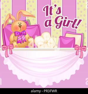 Cute poster with a soft toy and pillows in the room newborn girl. Sketch for invitation or greeting card for the birth of the child. Vector cartoon close-up illustration. Stock Vector