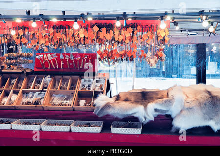 Winter Saami Souvenirs such as reindeer fur and horns in Finnish Christmas Market, Rovaniemi, Finland, Lapland. At the North Arctic Pole. Stock Photo