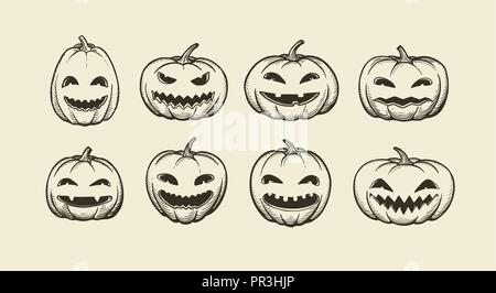 Halloween symbol. set of funny pumpkins, sketch. vintage vector illustration Stock Vector