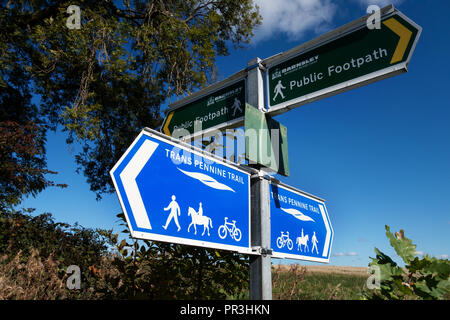 Blue Direction sign for the Trans Pennine Trail on The Pennine Way, near Wortley, South Yorkshire, England. Stock Photo