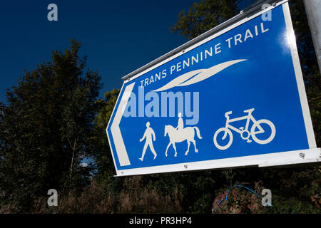 Blue Direction sign for the Trans Pennine Trail on The Pennine Way, near Wortley, South Yorkshire, England. Stock Photo