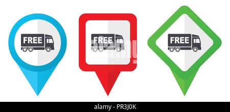 Free delivery red, blue and green vector pointers icons. Set of colorful location markers isolated on white background easy to edit. Stock Vector