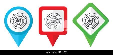 Spider web red, blue and green vector pointers icons. Set of colorful location markers isolated on white background easy to edit. Stock Vector