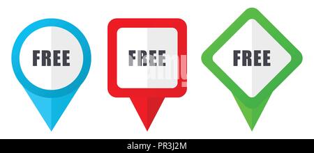 Free red, blue and green vector pointers icons. Set of colorful location markers isolated on white background easy to edit. Stock Vector
