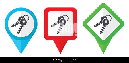 Keys red, blue and green vector pointers icons. Set of colorful location markers isolated on white background easy to edit. Stock Vector