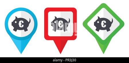 Piggy bank red, blue and green vector pointers icons. Set of colorful location markers isolated on white background easy to edit. Stock Vector