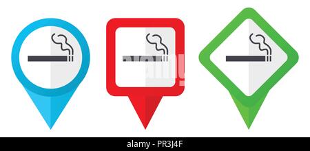 Cigarette red, blue and green vector pointers icons. Set of colorful location markers isolated on white background easy to edit. Stock Vector