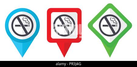 No smoking red, blue and green vector pointers icons. Set of colorful location markers isolated on white background easy to edit. Stock Vector