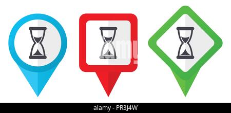 Time red, blue and green vector pointers icons. Set of colorful location markers isolated on white background easy to edit. Stock Vector
