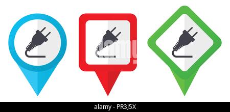 Plug red, blue and green vector pointers icons. Set of colorful location markers isolated on white background easy to edit. Stock Vector