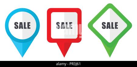 Sale red, blue and green vector pointers icons. Set of colorful location markers isolated on white background easy to edit. Stock Vector