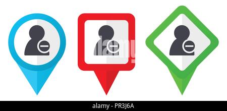 Remove contact red, blue and green vector pointers icons. Set of colorful location markers isolated on white background easy to edit. Stock Vector