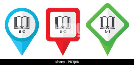 Dictionary red, blue and green vector pointers icons. Set of colorful location markers isolated on white background easy to edit. Stock Vector