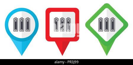 Battery red, blue and green vector pointers icons. Set of colorful location markers isolated on white background easy to edit. Stock Vector