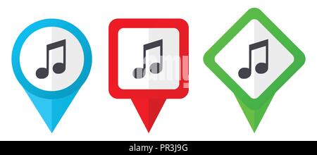 Music red, blue and green vector pointers icons. Set of colorful location markers isolated on white background easy to edit. Stock Vector