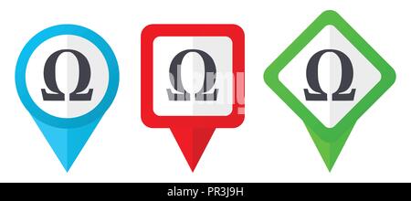 Omega red, blue and green vector pointers icons. Set of colorful location markers isolated on white background easy to edit. Stock Vector