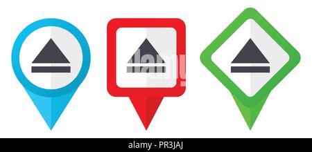 Eject red, blue and green vector pointers icons. Set of colorful location markers isolated on white background easy to edit. Stock Vector