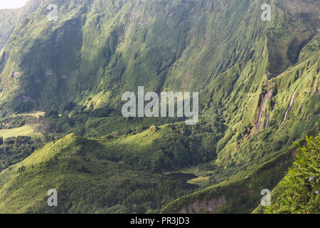 High view of Azores landscape in Flores island. Waterfalls in Pozo da Alagoinha. Portugal Stock Photo