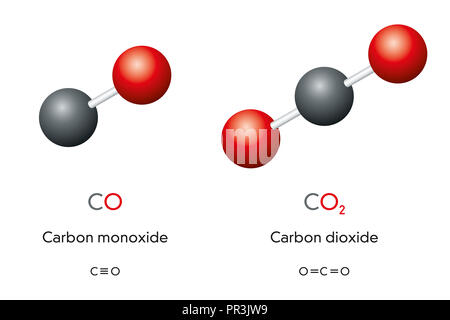 Carbon monoxide CO and carbon dioxide CO2 molecule models and chemical formulas. Gas. Ball-and-stick models, geometric structures and formulas. Stock Photo