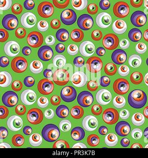 Texture of human colorful eyeballs isolated on green background. Sketch for card, seamless texture for wrapping paper on theme of holiday of evil spirit Halloween. Cartoon vector close-up illustration Stock Vector