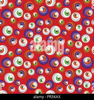 Texture of human colorful eyeballs isolated on red background. Sketch for card, seamless texture for wrapping paper on theme of holiday of evil spirit Halloween. Cartoon vector close-up illustration. Stock Vector