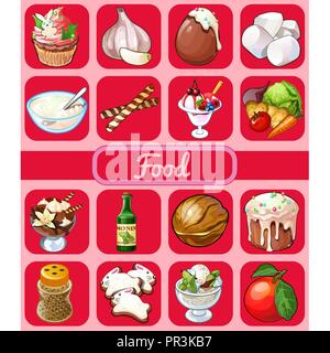 A set of delicious desserts and healthy food. Sketch for holiday stickers, cards or party invitation. Ice cream with fruit topping, biscuits in shape of bunny, Easter cake. Cartoon vector close-up. Stock Vector