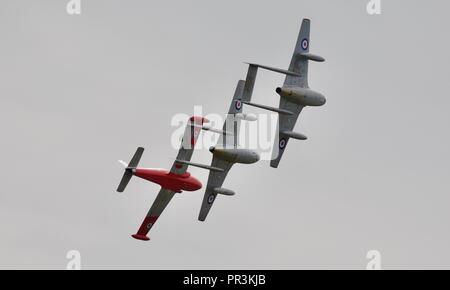 BAC Jet Provost T5, de Havilland Vampire FB.52 and T.55 flying in formation at the IWM Duxford Battle of Britain airshow on the 23rd September 2018 Stock Photo