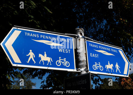 Blue Direction sign for the Trans Pennine Trail on The Pennine Way, near Wortley, South Yorkshire, England. Stock Photo