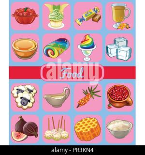 Set of delicious desserts and healthy food. Sketch for holiday sticker, card or party invitation. Sea buckthorn, honey comb, pot shape gourd, whole and sliced fig. Cartoon vector close-up illustration Stock Vector
