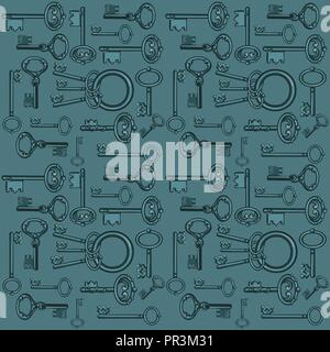 Sketch with ornament vintage forged keys isolated on gray background. Vector cartoon close-up illustration. Stock Vector