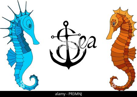 two seahorses and a calligraphic inscription with anchor Stock Vector