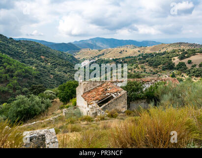 GR mountain walking route 249 view valley and ruined buildings, Sierras de Tejeda Natural Park, Salares, Axarquia, Andalucia, Spain Stock Photo