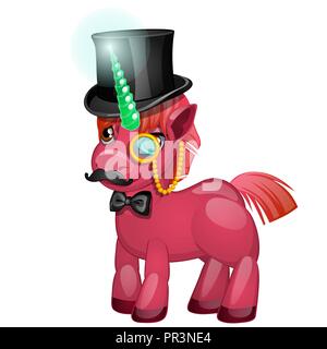 Cute pink unicorn pony with a green jade horn with top hat and mustaches isolated on white background. Vector cartoon close-up illustration. Stock Vector