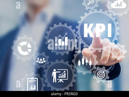 KPI Key Performance Indicators presentation, business development strategy, metrics measuring production, sales, efficiency against planned targeted a Stock Photo