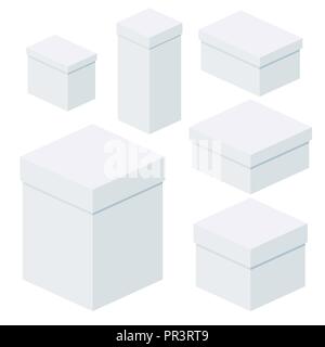 Isometric white boxes of different sizes for packaging, gifts, transportation Stock Vector