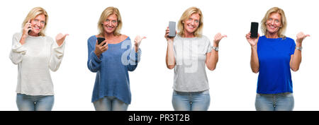 Collage of beautiful middle age blonde woman using smartphone over white isolated backgroud pointing and showing with thumb up to the side with happy  Stock Photo