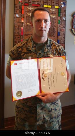 Capt. Peter Abramovs poses after being awarded the Navy and Marine Corps Medal during an awards ceremony at Marine Corps Air Station Cherry Point, N.C., July 28, 2017. Abramovs was awarded the medal for helping his fellow Marines escape the flaming wreckage of their MV-22 Osprey on May 17, 2017. The aircraft experienced a hard landing during a training exercise at Marine Corps Training Area Bellows, O’ahu, Hawai’i. Abramovs is an AV-8B Harrier II pilot assigned to Marine Attack Squadron 231, Marine Aircraft Group 14, 2nd Marine Aircraft Wing. Stock Photo