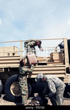 Army Sgts. Marco Zapiain and Robert Walksler, Soldiers from the 3rd Battalion, 265th Air Defense Artillery Regiment, load fuel cannisters that will be used to run the generaters for their radar tracking systems during Operation Northern Strike at Camp Grayling, July 30, 2017Operation Northern Strike is a two-week exercise that assesses the working knowledge of air-to-ground forces between the U.S.Army, Air Force and Marine units from around the country, as well as, Latvian, Great Britain, and Polish military personnel. Stock Photo